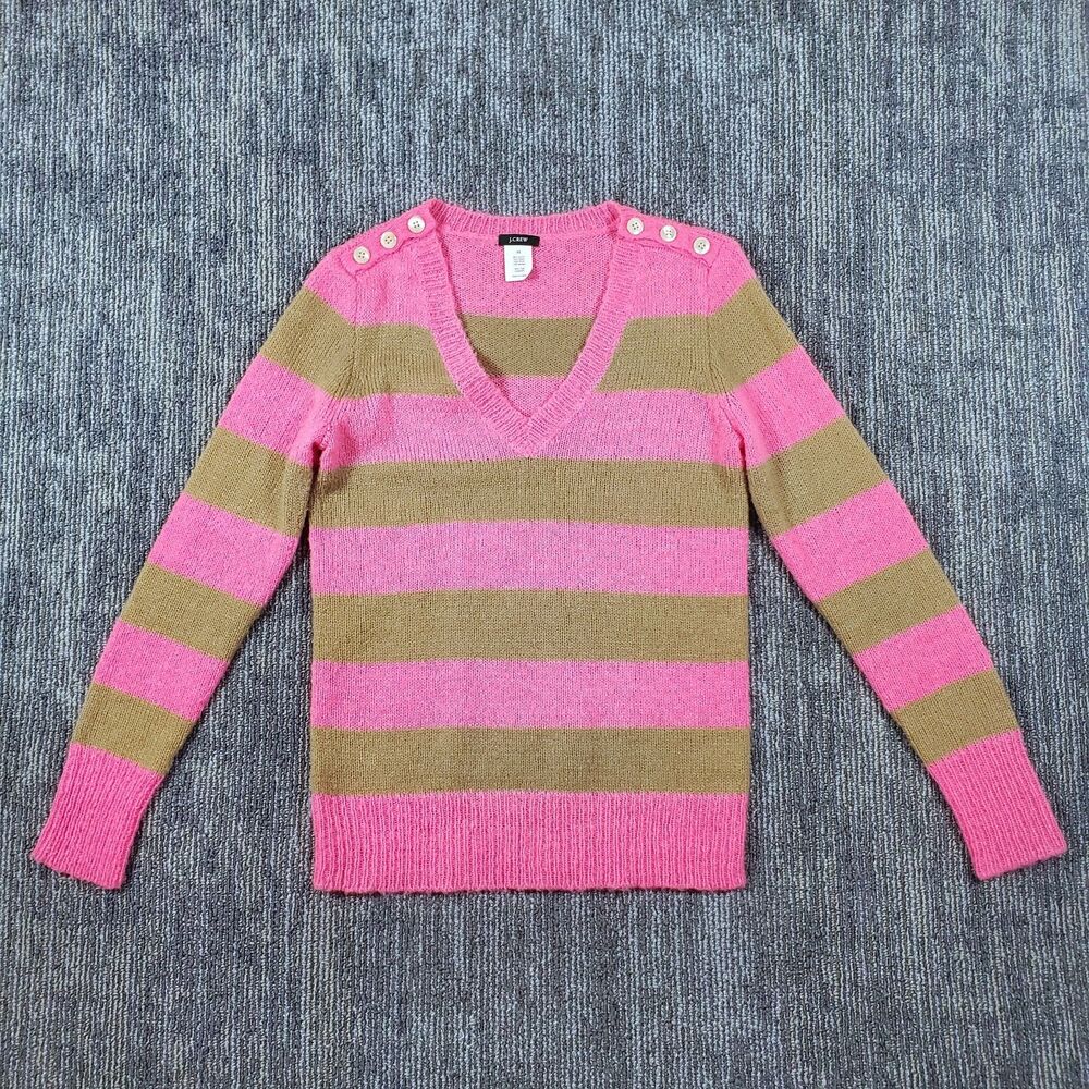 J. CREW Women’s XS Wool Mohair Blend V-Neck Button Shoulder Sweater Pink Striped